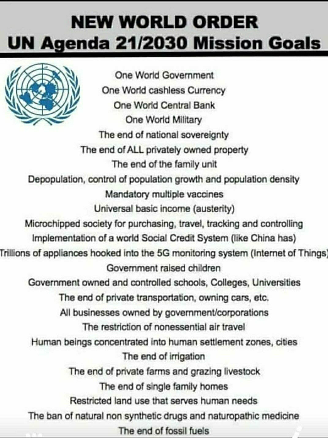 UN Agenda 21/2030 Mission Goals